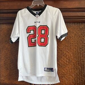 Equipment White Jersey with Red and Orange Number 28 and Black Trim